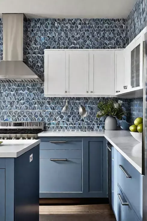 Blue and gray patterned wallpaper in a minimalist kitchen