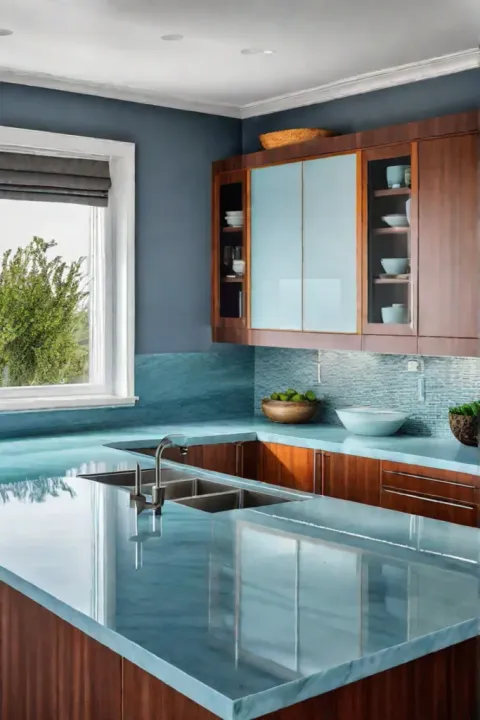 Blue countertop white cabinets beachinspired kitchen