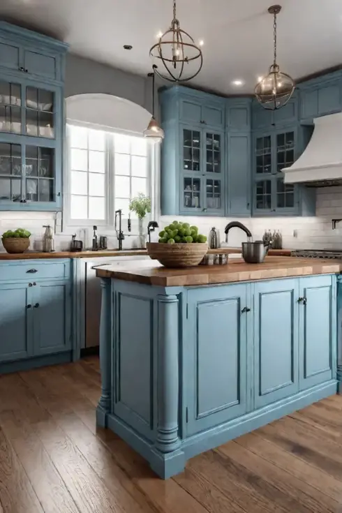 Blue kitchen island contrasting with warm wood