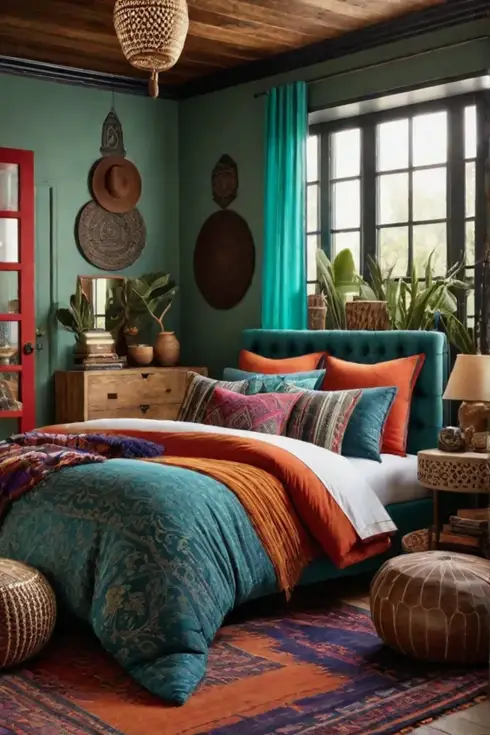 Bohemian bedroom with layered textiles