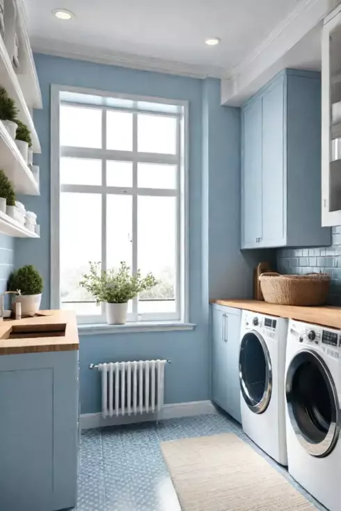 Bright and airy laundry room with white and blue accents