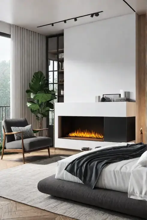 Bright bedroom with fireplace and balcony