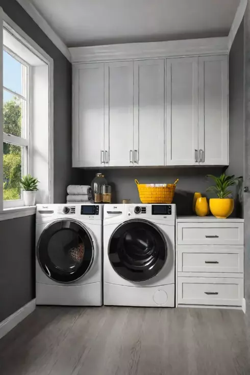 Cheerful laundry room with yellow walls and grey cabinets