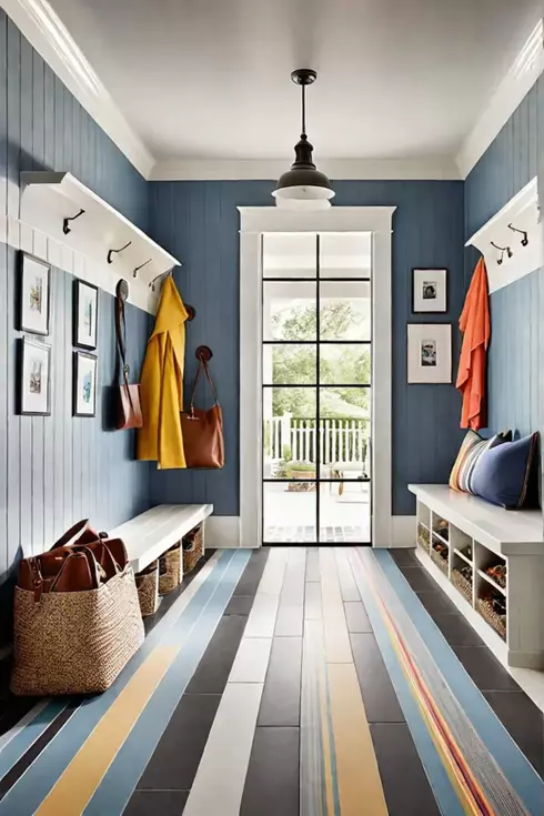 Cheerful mudroom with LVT flooring and striped rug