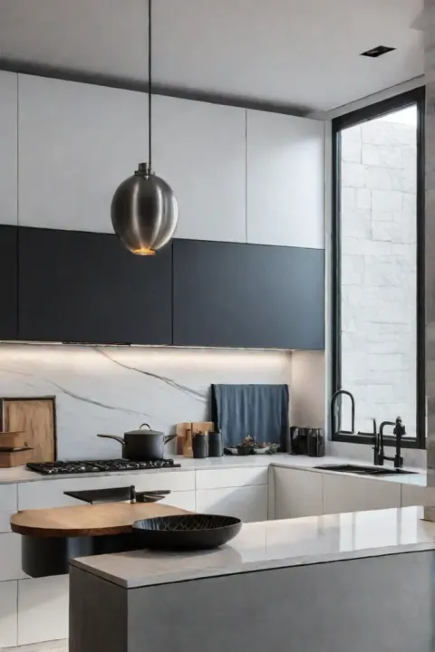 Concrete kitchen island minimalist kitchen design monochromatic color scheme