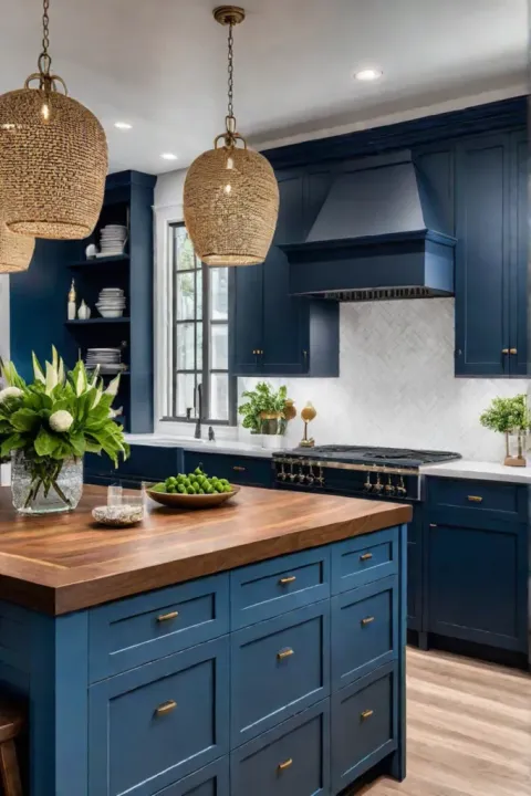 Contrasting kitchen island white cabinets wood accents