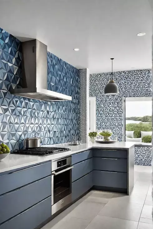 Cooltoned modern kitchen with geometric wallpaper and stainless steel