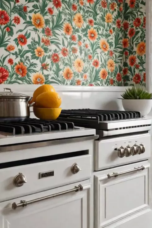 Floral wallpaper backsplash in a bright kitchen