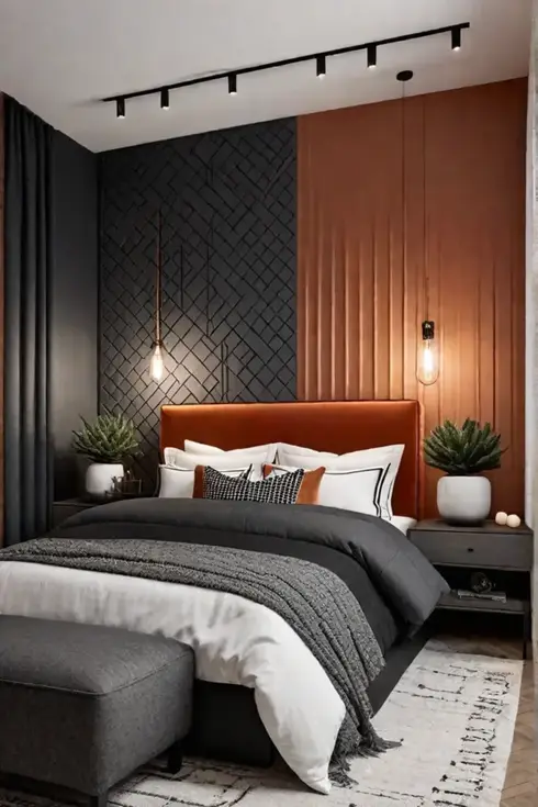 Geometric patterned accent wall in bedroom