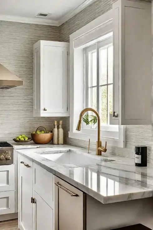 Grasscloth wallpaper with bamboo pattern in an elegant kitchen