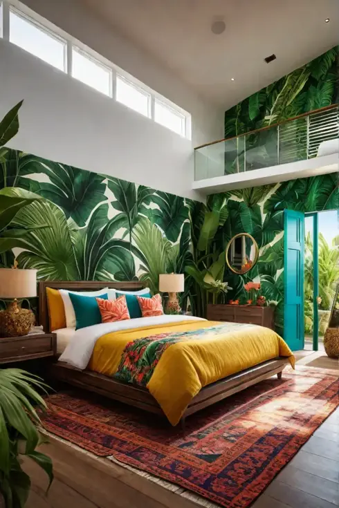 Junglethemed bedroom with leafy plants