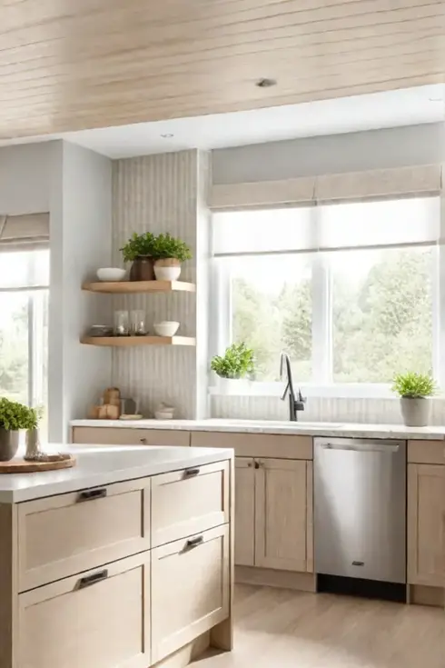 Light and airy kitchen with textured wallpaper