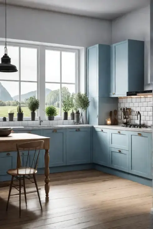 Light blue kitchen island in a small kitchen