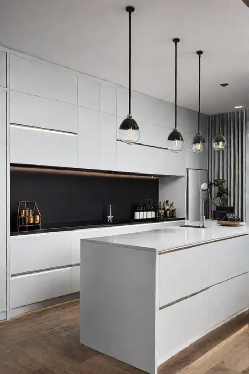 Light gray island with pendant lighting