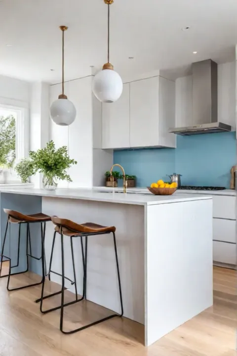 Light wood flooring white quartz countertops serene kitchen