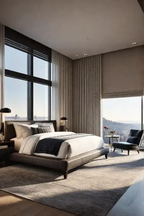 Luxurious bedroom with reading nook and ample lighting