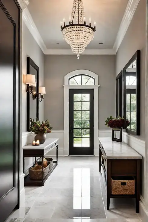 Luxurious mudroom with marble tile flooring