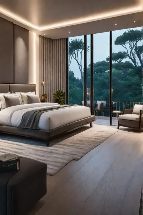 Luxury bedroom with sauna and garden view balcony