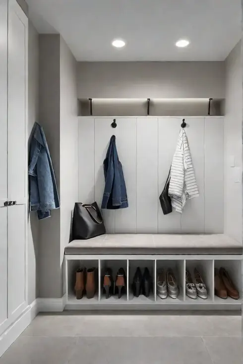 Minimalist mudroom with concretelook vinyl floor