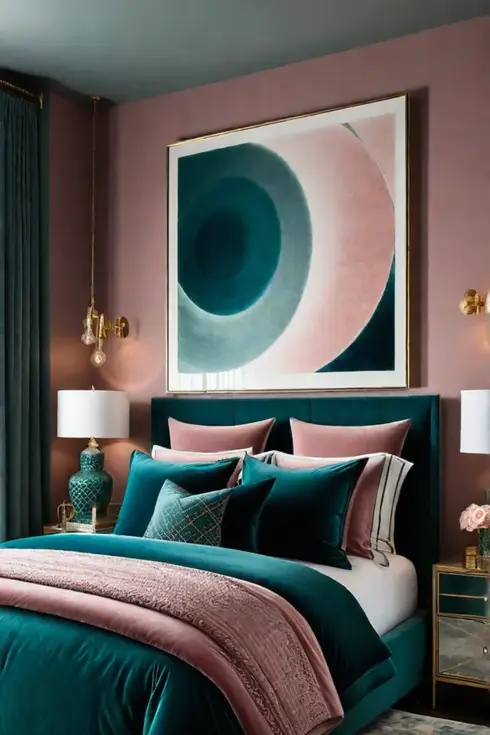Modern bedroom with dusty rose and teal accents