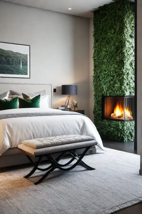 Modern bedroom with fireplace and reading nook