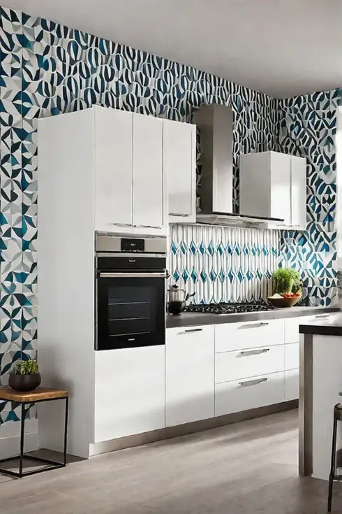 Modern kitchen with geometric vinyl wallpaper