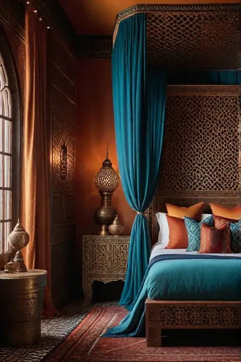 Moroccan bedroom with a carved headboard