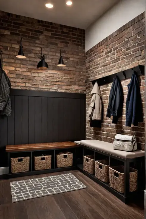 Mudroom with exposed brick and laminate floor