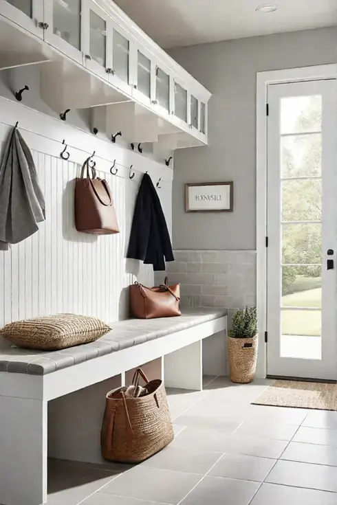 Mudroom with gray tile flooring and white storage