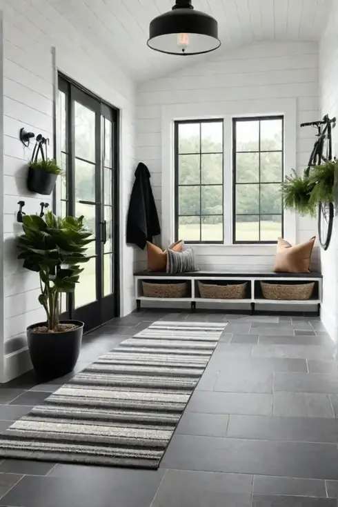 Mudroom with shiplap walls and stonelook vinyl floor