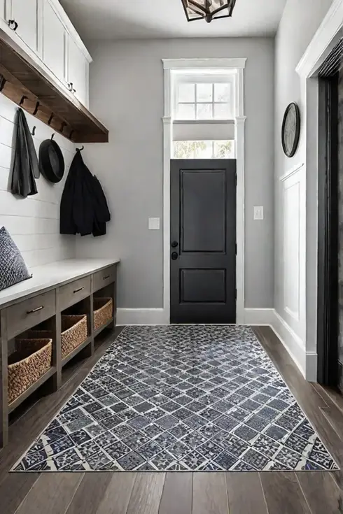 Mudroom with woodlook and patterned tile floor
