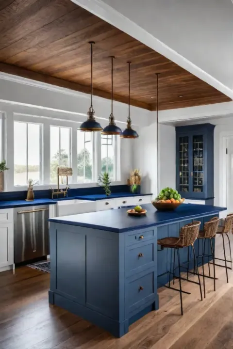 Navy blue kitchen island warm wood countertops modern farmhouse