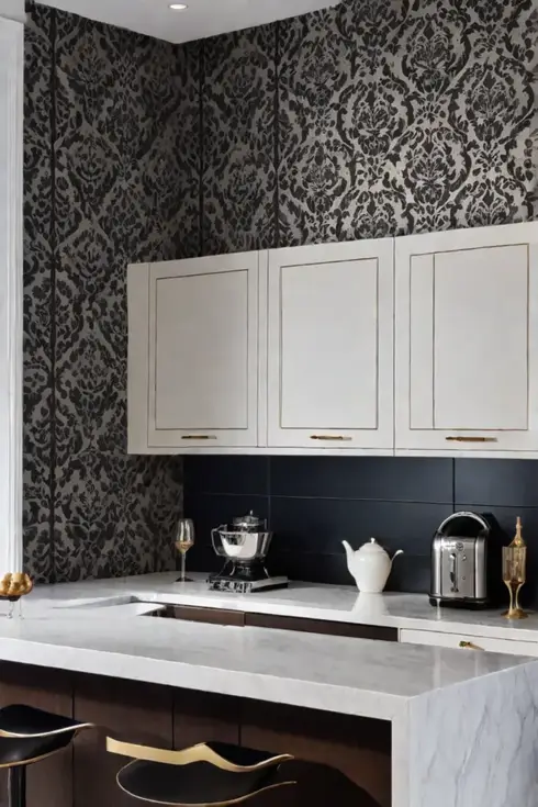 Nonwoven wallpaper with damask pattern in a transitional kitchen