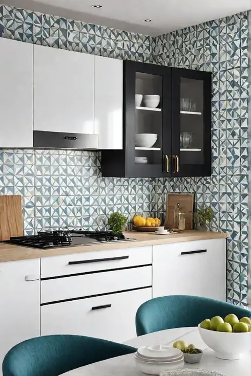 Peelandstick wallpaper creating an illusion of space in a small kitchen