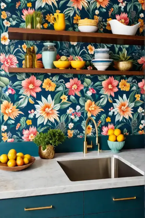 Peelandstick wallpaper with floral design in a kitchen