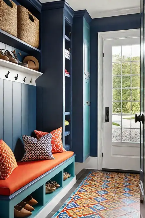 Playful mudroom with vibrant walls and tile floor