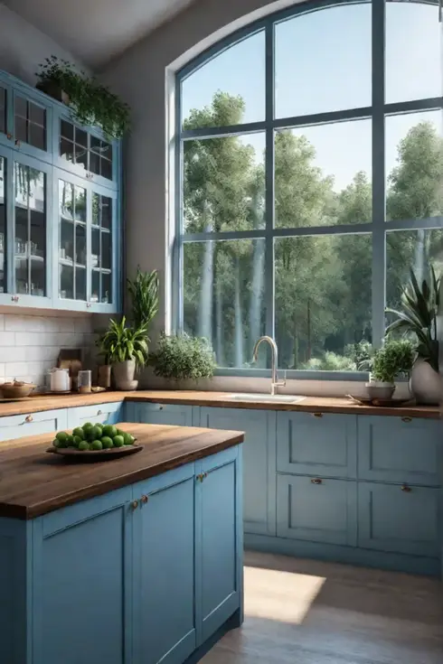 Serene kitchen with blue island and natural elements