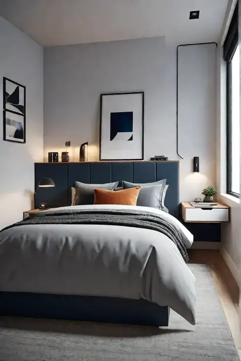 Small bedroom with spacesaving solutions