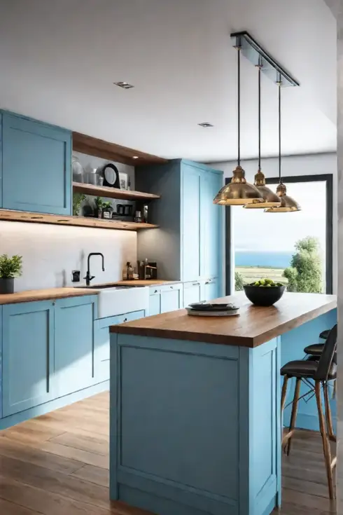 Small kitchen with blue island and spacious feel