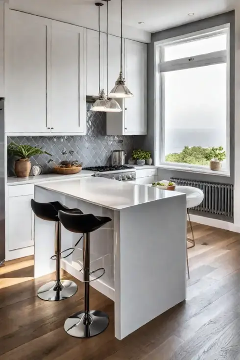 Small kitchen with white island and ample natural light