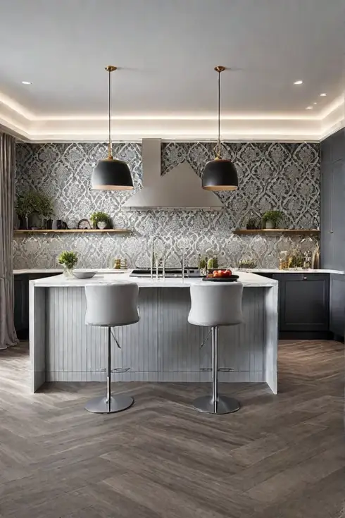Sophisticated kitchen with patterned wallpaper and mixed styles