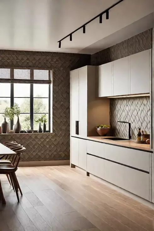 Sunlit modern kitchen with patterned wallpaper and wood cabinets