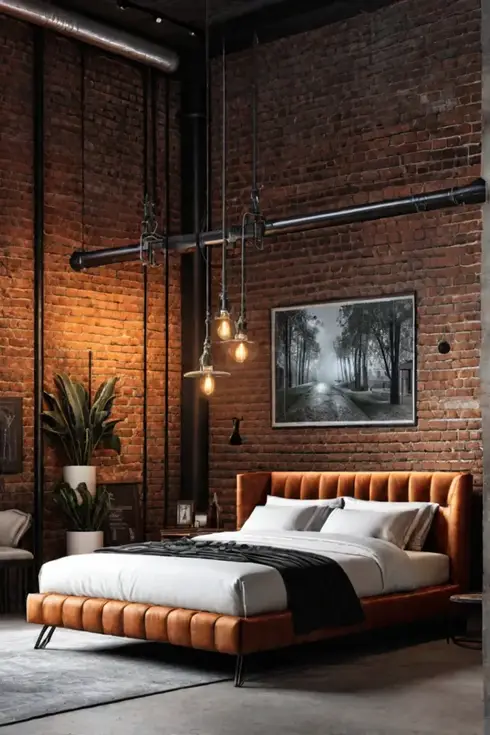 Urban loft bedroom with exposed ductwork