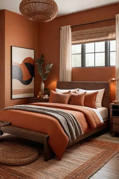 Warm and cozy bedroom with terracotta walls