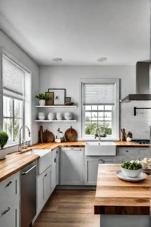White kitchen island with butcher block countertop