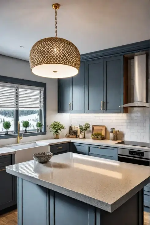 Yellow kitchen island balanced with cool tones