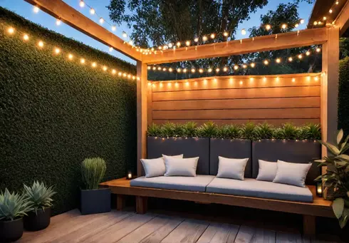 A charming small backyard deck with builtin benches and a folddown tablefeat