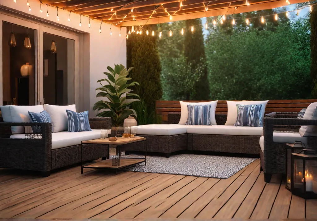 A charming wooden deck bathed in the warm glow of sunset featuringfeat