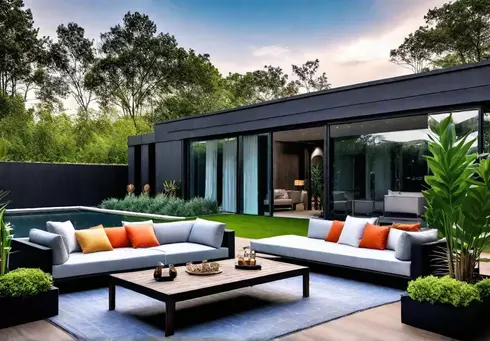 A luxurious outdoor living space seamlessly transitions from indoors to outdoors withfeat