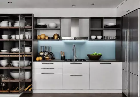 A meticulously organized minimalist kitchen showcasing a variety of storage solutions includingfeat